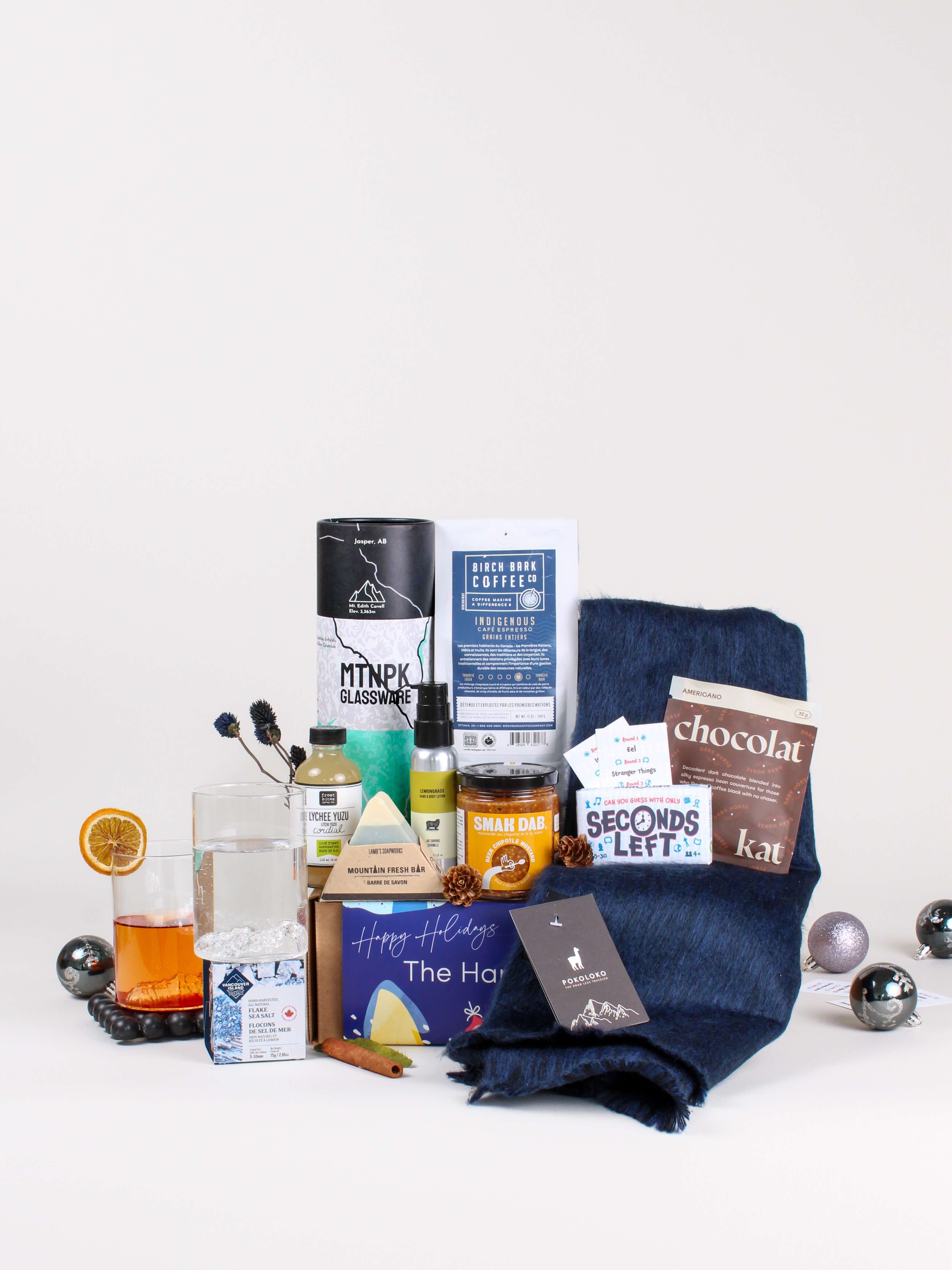 mens gift box canada with coffee, cocktail glasses, scarf, and snacks