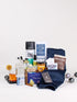 mens gift box canada with coffee, cocktail glasses, scarf, and snacks