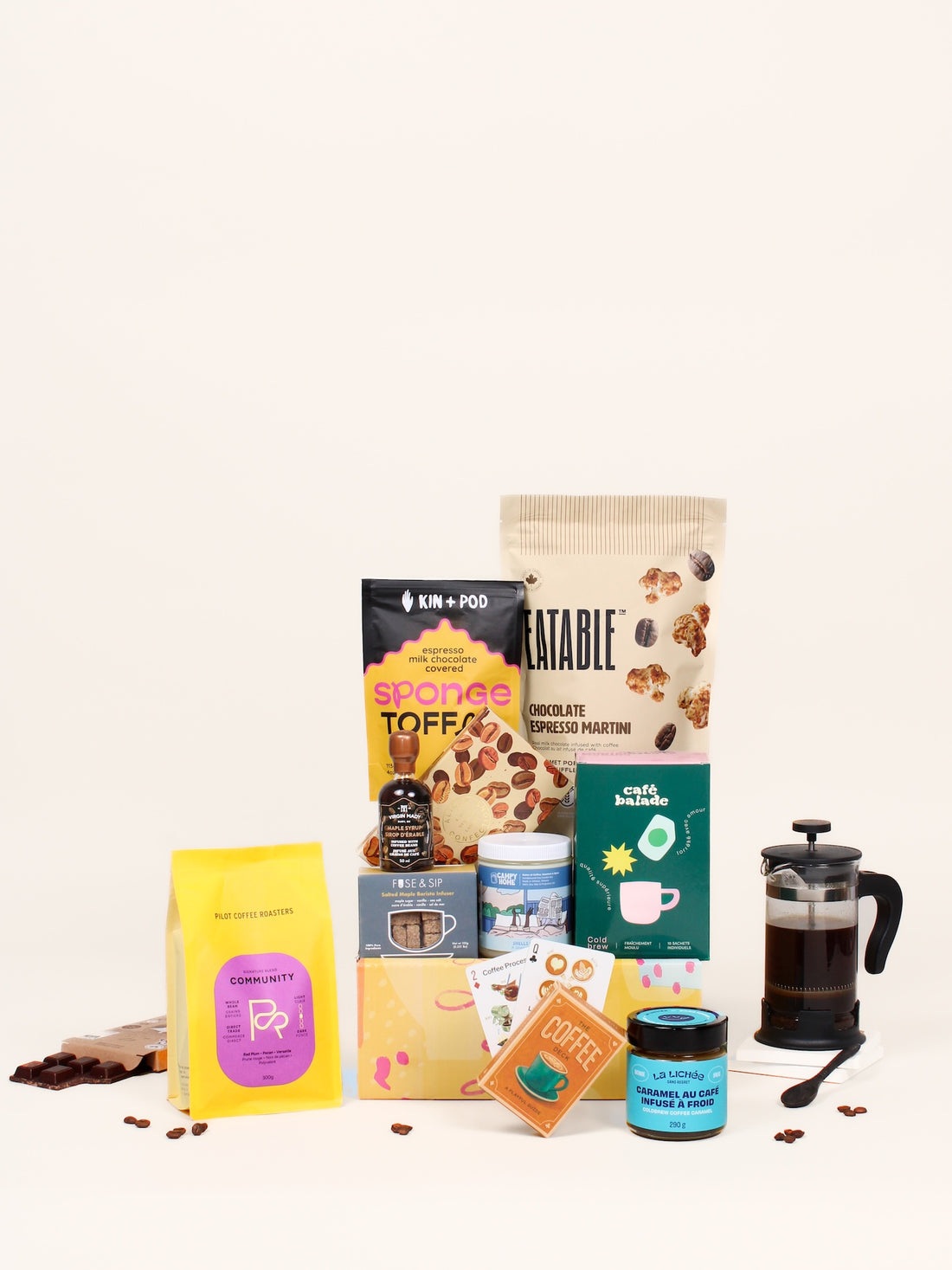 Coffee gift box featuring various blends, treats, and coffee accessories curated for coffee lovers in Canada.