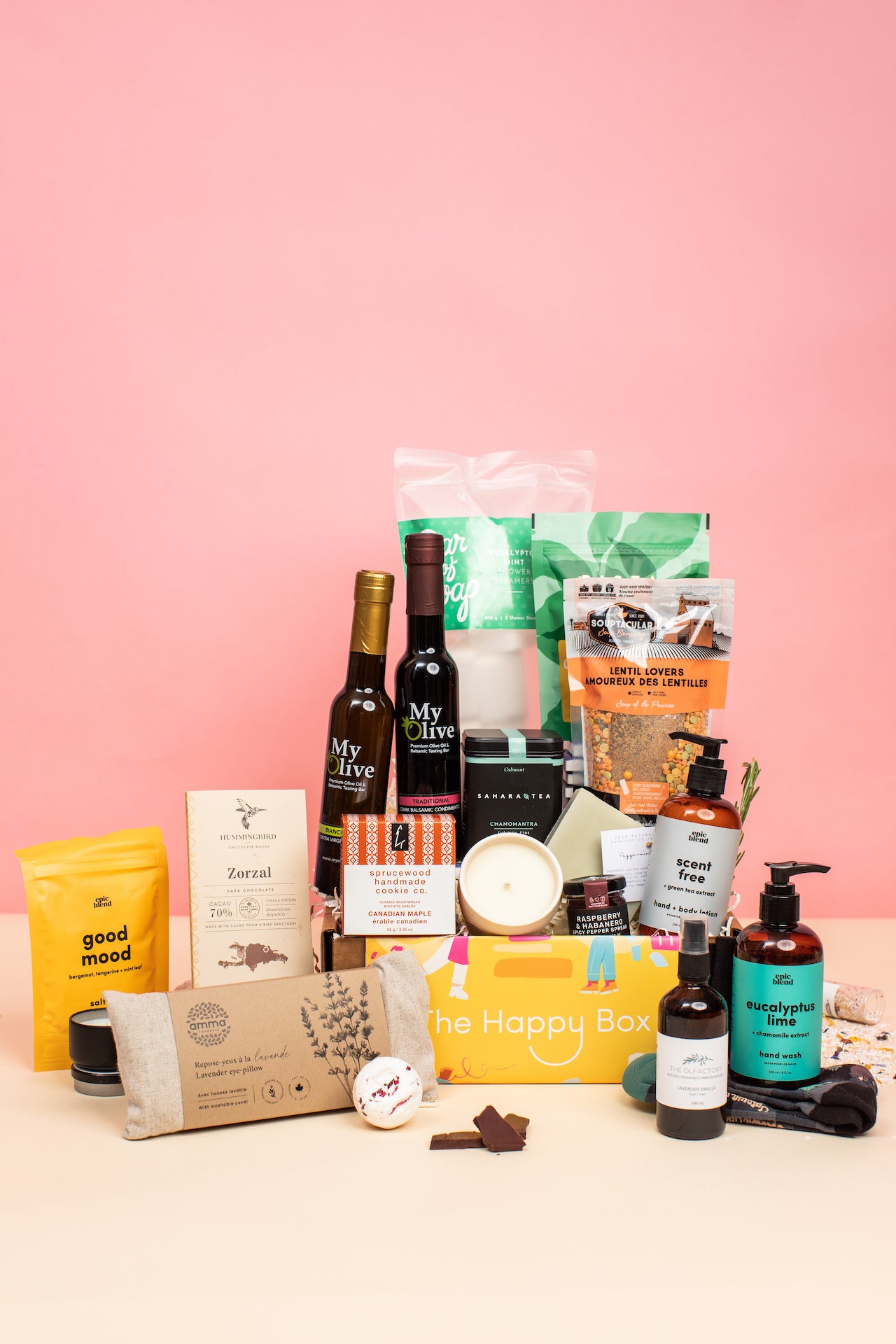self care gift box canada with snacks, candles, skincare, and cozy items