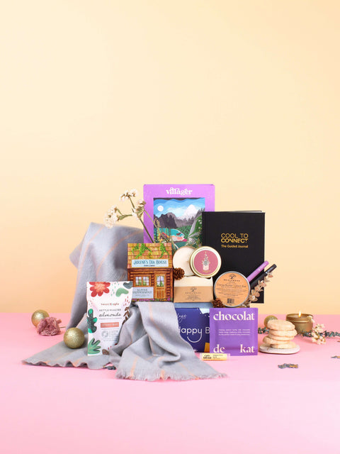 women gift box canada with tea, scarf, journal, puzzle, and self-care items