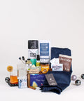 mens gift box canada with coffee, cocktail glasses, scarf, and snacks